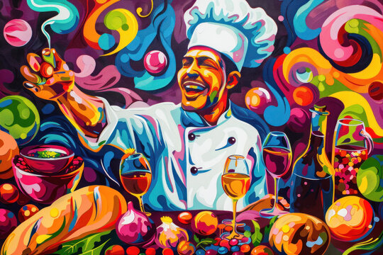  Joyful Chef Celebrating the Art of Cooking in a Colorful Abstract Kitchen