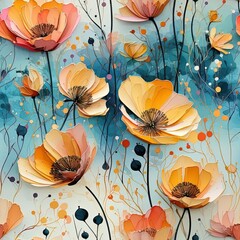 a painting of orange flowers on a blue background