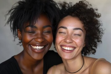 Two interracial best friends laughing and having a good time together in a studio