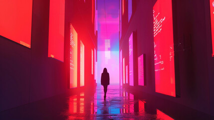 A lone figure walks down a neonlit street engulfed in a sea of towering digital billboards showing idealized images of perfect lives underscoring the isolation and disconnection