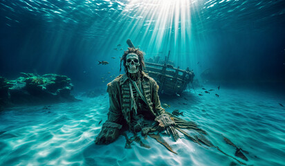 Well dressed Pirate skeleton with dreadlocks resting underwater on the sandy ocean bottom near a shipwreck as sunrays penetrate the clear blue water