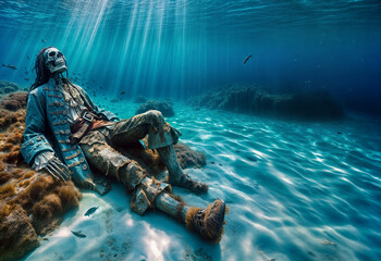 The skeleton of a well dressed pirate captain resting at the bottom of the ocean near his ship in an atmospheric underwater widescreen landscape scene  