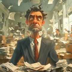 A businessman annoyed by errors in a busy office - obrazy, fototapety, plakaty