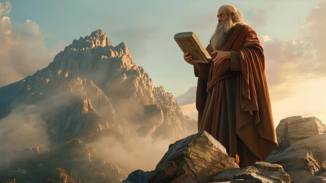 Moses standing on Mount Sinai with the Ten Commandments