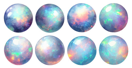 Round-shaped opal rhinestone watercolor illustration material set - obrazy, fototapety, plakaty
