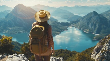 woman with a hat and backpack looking at the mountains and lake from the top of a mountain in the sun light, with a view of the mountains	 - Powered by Adobe