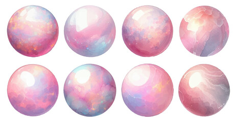 Round-shaped pink opal rhinestone watercolor illustration material set - obrazy, fototapety, plakaty
