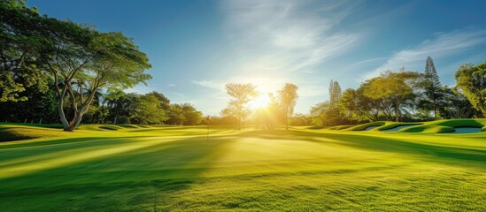 Fototapeta premium The vibrant green grass of the golf course is illuminated by the suns rays, creating a stunning and picturesque scene. The clear sky and gentle breeze make it an ideal day for golfing.