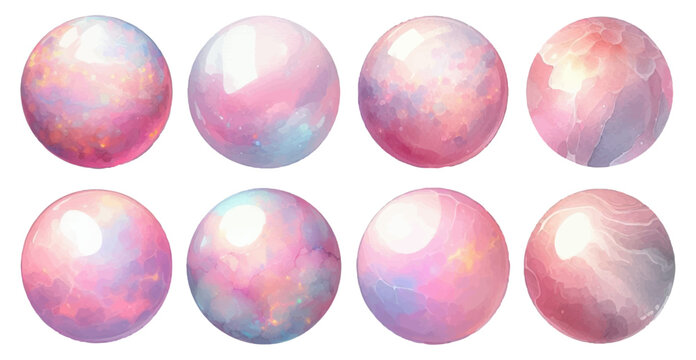 Round-shaped pink opal rhinestone watercolor illustration material set