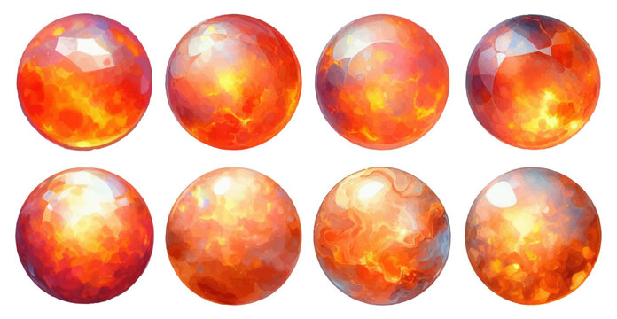 Round-shaped fire opal rhinestone watercolor illustration material set