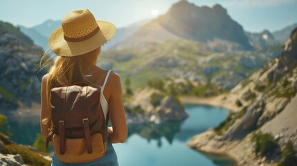 woman with a hat and backpack looking at the mountains and lake from the top of a mountain in the sun light, with a view of the mountains	