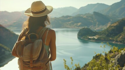 woman with a hat and backpack looking at the mountains and lake from the top of a mountain in the sun light, with a view of the mountains	 - obrazy, fototapety, plakaty