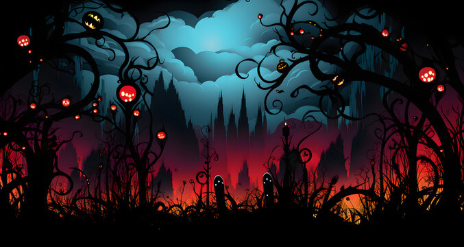 a digital painting of some trees and halloween pumpkins