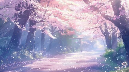 Peaceful Garden with Cherry Blossoms Anime Background
