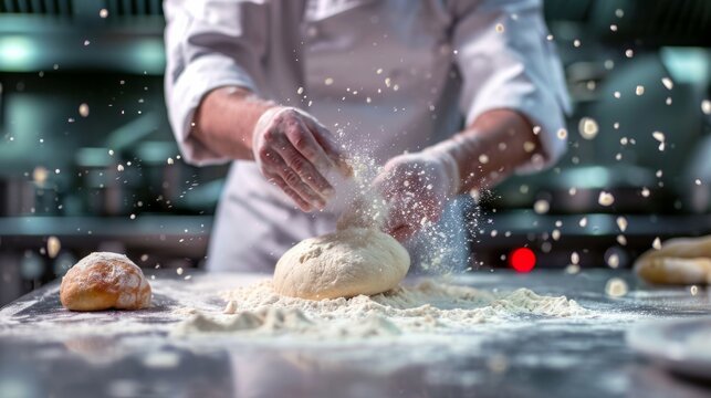 Professional chef preparing dough in restaurant kitchen generative ai