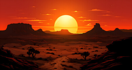 a scene with the sun rising over a vast landscape
