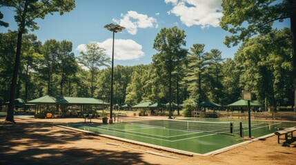 Tennis court. Trees and mountains around the tennis court in nature, illuminated with light pool