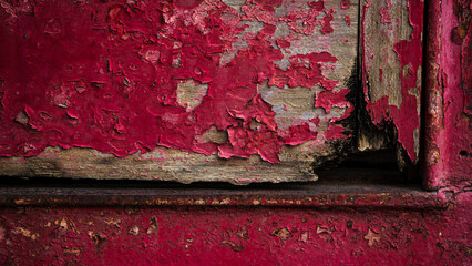 Old wooden background with peeling red paint, close-up.
