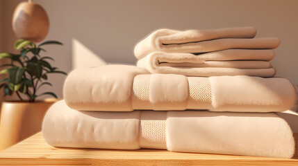 Fototapeta na wymiar A stack of clean towels, perfect for adding a luxurious touch to any bathroom or spa environment
