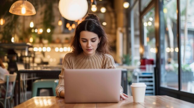 Young professional using laptop at cafe table generative ai