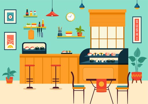 Sushi Bar Vector Illustration of Japan Asian Food or Restaurant of Sashimi and Rice for Eating with Soy Sauce and Wasabi in Flat Cartoon Background