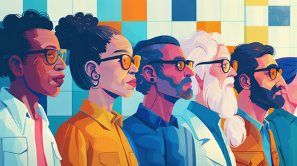 illustration of different people with glasses - obrazy, fototapety, plakaty
