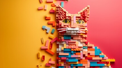 cat made of legos, flat background generative ai - obrazy, fototapety, plakaty