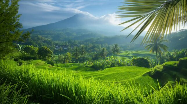 Rice terraces in the morning with an eagle on mountain background. Seamless looping time-lapse video animation background