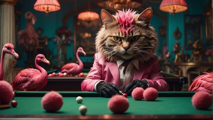 Cheshire Cat playing pool  with flamingos 