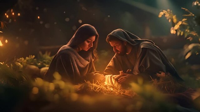 Pushing towards Joseph and Mary looking at baby Jesus in a nativity scene