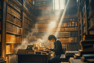 Scholar Immersed in Research Amidst the Dusty Shelves of an Old Library

 - obrazy, fototapety, plakaty