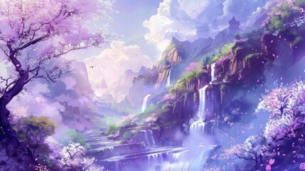 Dreamy Anime Cherry Blossom Waterfall Landscape AI Generated.