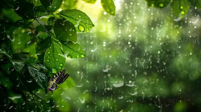 Rain drops on the leaves at rainy season. Seamless looping time-lapse video animation background