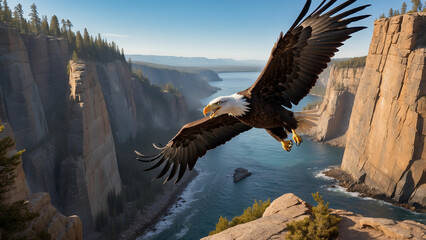 Fototapeta premium Early morning light a bald eagle glides towards a cliffside, its wings outstretched as it expertly navigates the gusts of wind