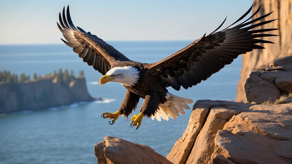 Fototapeta premium Early morning light a bald eagle glides towards a cliffside, its wings outstretched as it expertly navigates the gusts of wind