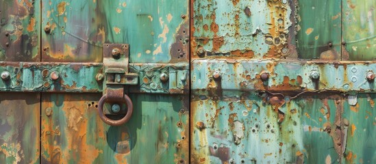 A close-up view of an old green iron door covered in rust, with visible signs of aging and a latch. The rust is prominent and adds character to the weathered appearance of the door.