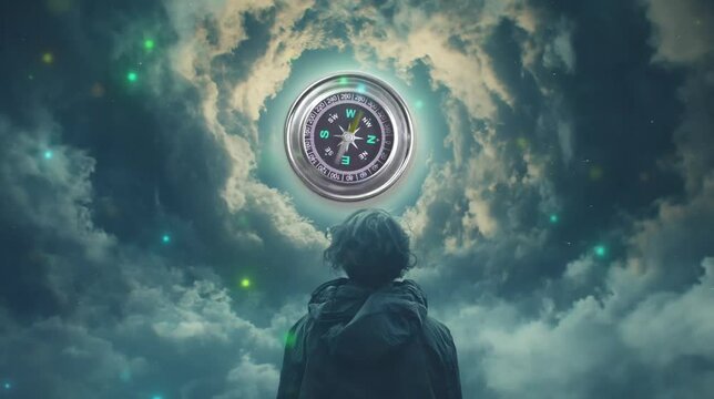 Person and whirl clouds with compass. Seamless looping time-lapse video animation background