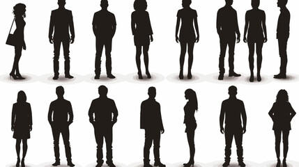 A black silhouette of a woman and a man standing among a group of businesspeople on a white backdrop - obrazy, fototapety, plakaty