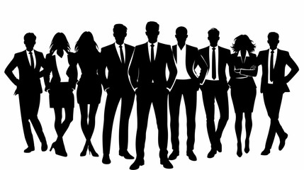 A black silhouette of a woman and a man standing among a group of businesspeople on a white backdrop