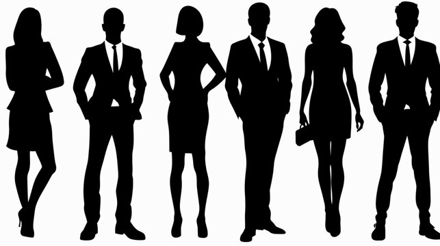 A black silhouette of a woman and a man standing among a group of businesspeople on a white backdrop