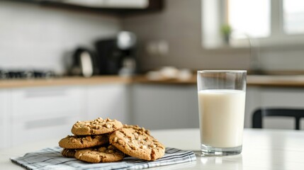 Cookies and glass of milk on the table in a modern kitchen generative ai - obrazy, fototapety, plakaty