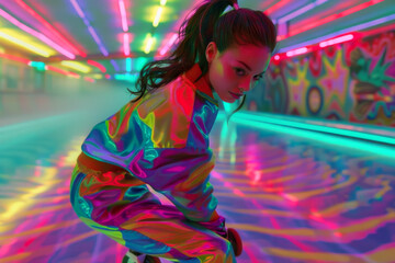 Neon Fantasy: Fashionable Woman in Holographic Outfit at a Futuristic Light Tunnel