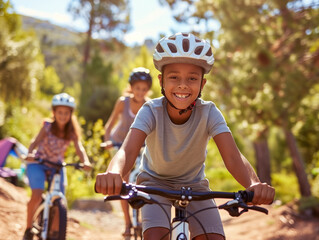 Naklejka premium A young boy rides a mountain bike with his family on a camping trip, enjoying the outdoor adventure with his sister and parents.