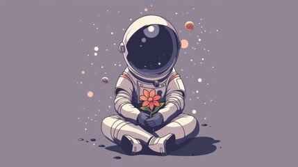 cute astronaut holding a flower in his hands, generative ai