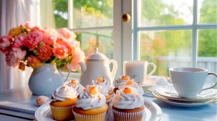 Fototapeta na wymiar Sunny Window Tea Time.A serene tea setting by a sunny window with cupcakes and a bouquet of peonies.