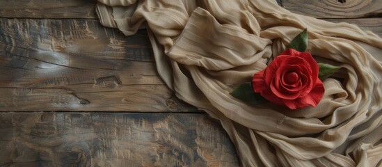 A vintage-style Valentine card showcases a red rose placed delicately on a piece of cloth over an old wooden surface. The red petals contrast elegantly against the white fabric, evoking a sense of - obrazy, fototapety, plakaty