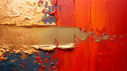 金色の絵の具が赤色の絵の上に塗り重ねられている様子の接写