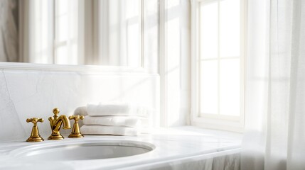 A bright, airy bathroom featuring a white sink with gold fixtures and fluffy towels, bathed in natural light