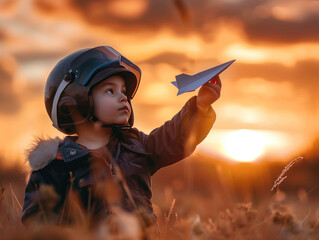 A boy in a helmet imagines himself as a pilot, playing with a paper plane against a stunning sunset backdrop.