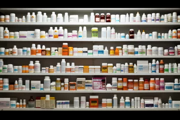 Zelfklevend Fotobehang Medicine Health: A Vibrant Collection of Pharmaceutical Products on Shelves in a Modern Drugstore © SHOTPRIME STUDIO